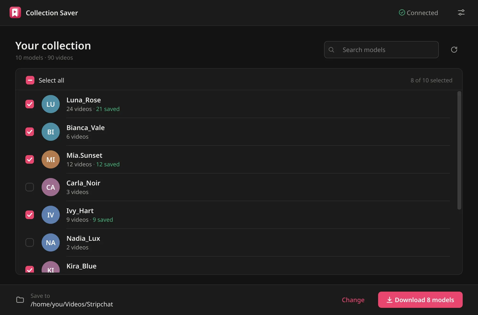Collection Saver showing a Stripchat collection: model photos, video counts and checkboxes to choose who to download