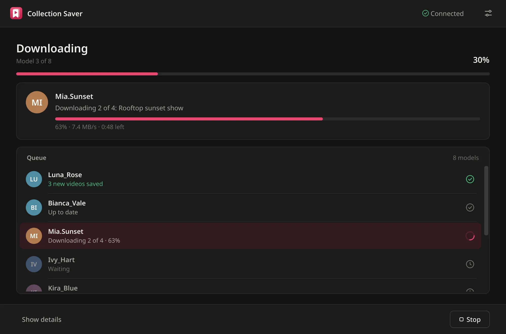 Collection Saver downloading a collection model by model, with the progress of each video